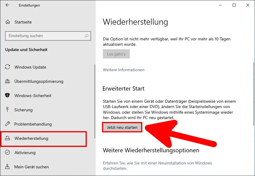 Hier führt ihr den „Erweiterten Start“ in Windows 10 aus. Bild: GIGA