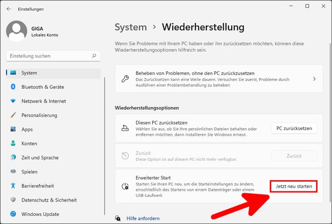 Hier öffnet ihr in Windows 11 den erweiterten Start. Bild: GIGA