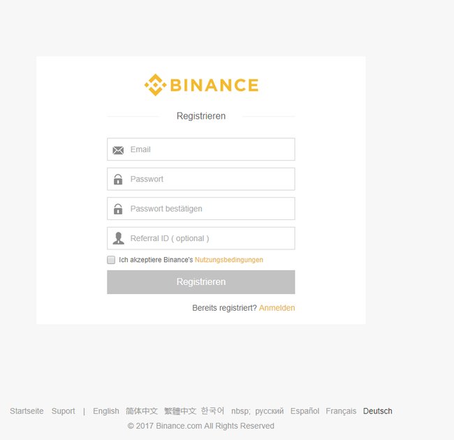 Binance Registrierung Screenshot
