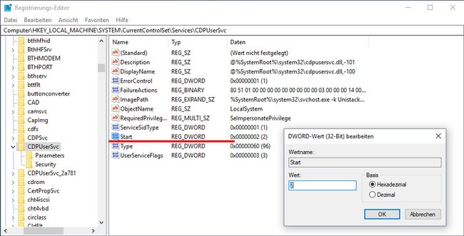 Über den Wert „Start“ lässt sich der Dienst deaktivieren