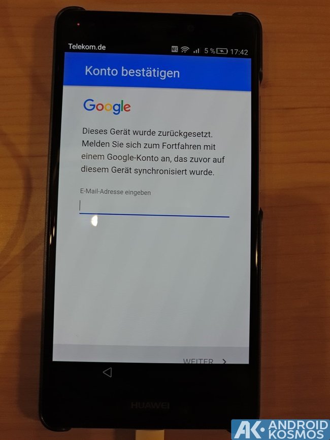 Das kann das Handy anzeigen, wenn es zurückgesetzt wurde. Bildquelle: androidkosmos.de