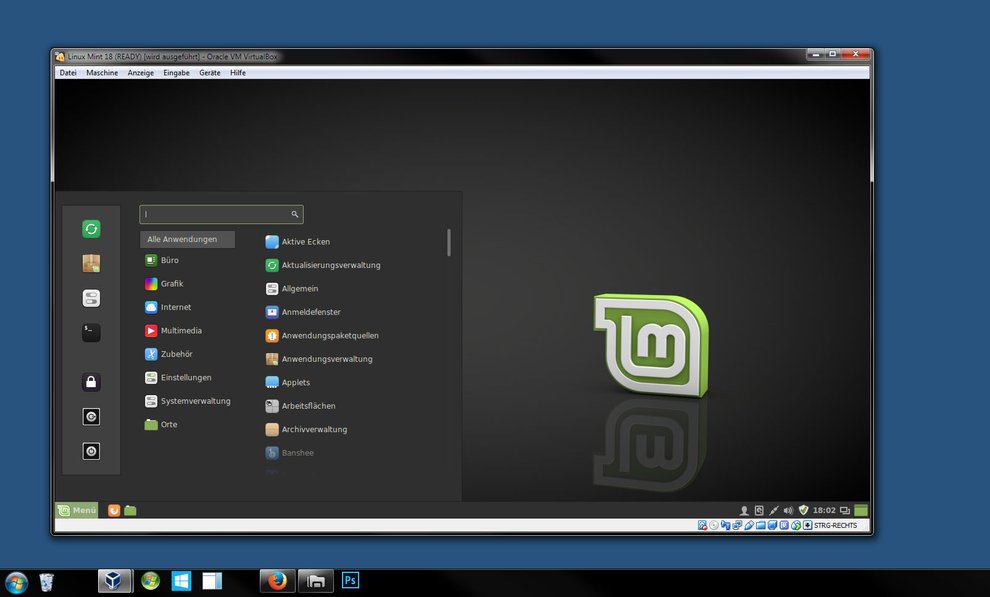 Linux Mint läuft in Windows 7 mit Virtualbox in einem Windows-Fenster.