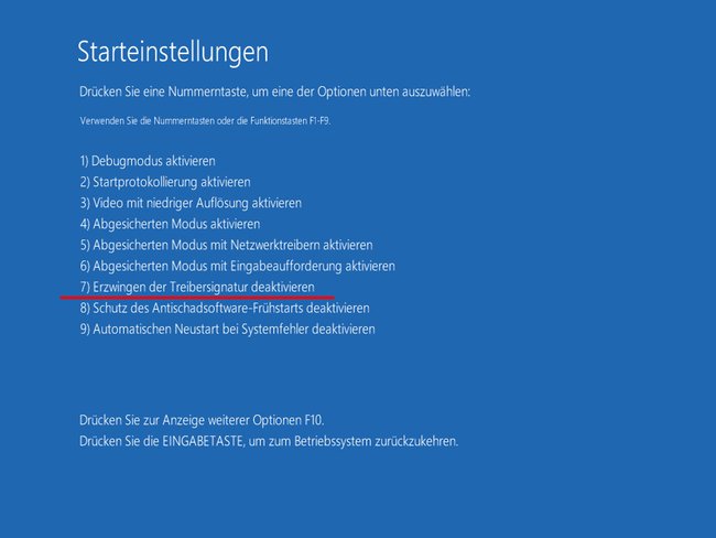Hier drücken wir die Taste 7, um die das Erzwingen der Treibersignaturen zu deaktivieren