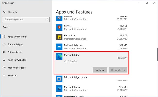 Hier ist der Deinstallieren-Button ausgegraut und Microsoft Edge kann so nicht entfernt werden. (Bildquelle: GIGA)