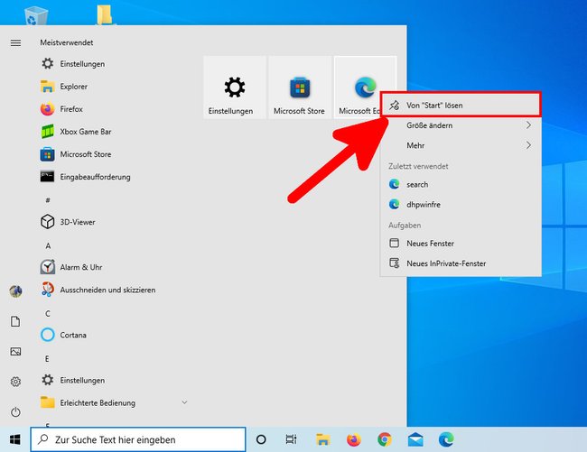So entfernt ihr Microsoft Edge aus dem Startmenü. (Bildquelle: GIGA)