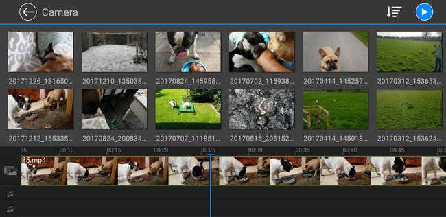 Screenshot der App Powerdirector. Es sind mehrere Videovorschaubilder zu sehen.