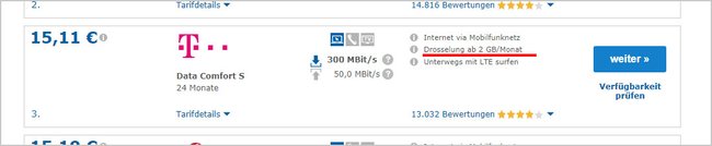 Beispiel: Hier drosselt die Telekom die Internetgeschwindigkeit nach einem Verbrauch von 2 GB pro Monat