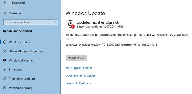 Windows 10 zeigt den zugehörigen Fehlercode an, wenn ein Update fehlschlägt. Bildquelle: GIGA
