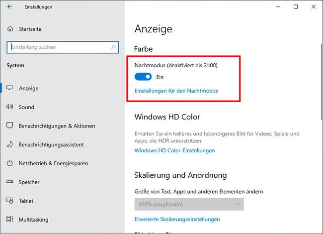 Hier aktiviert ihr den Blaulichtfilter in Windows 10. (Bildquelle: GIGA)