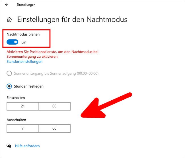 Hier legt ihr fest, wann der Nachtmodus automatisch gestartet wird und wie lange. (Bildquelle: GIGA)