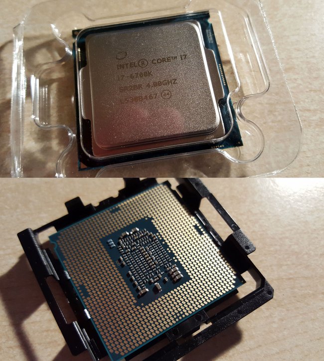 Eine CPU von oben und unten – hier der Intel Core i7-6700K.