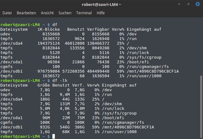 Der Terminal-Befehl df zeigt euch an, wie viel Speicherplatz von den Partitionen verwendet wird