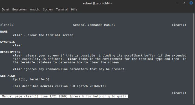 „Man clear“ öffnet die Anleitung zum Befehl „clear“