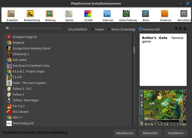 PlayOnLinux bietet die Installation für viele Windows-Spiele in Linux an. Bild: GIGA