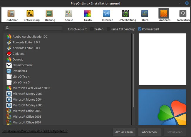 PlayOnLinux kann eine ganze Reihe an Windows-Programmen installieren. (Bildquelle)
