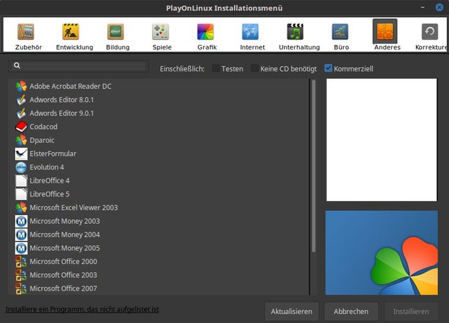 PlayOnLinux kann eine ganze Reihe an Windows-Programmen installieren