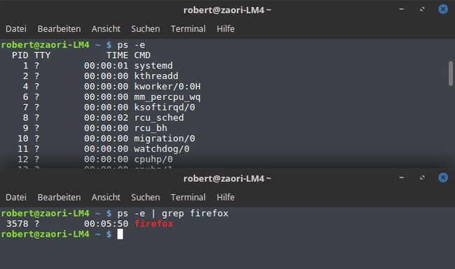 Der Befehl ps sucht zeigt Prozesse an und sucht die zugehörige ID heraus
