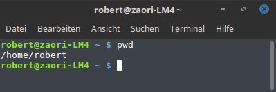 Der Befehl pwd zeigt den aktuellen Dateipfad an