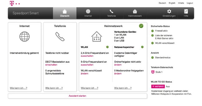 So sieht die Benutzeroberfläche des Speedport Smart aus