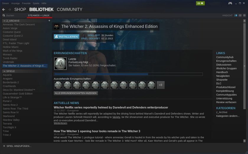 Links seht ihr meine Spiele, die ich unter Linux installieren kann. Bild: GIGA