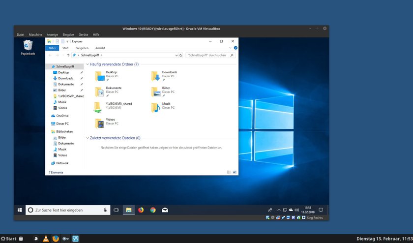 Windows 10 läuft unter Linux Mint in einem Fenster dank Virtualbox