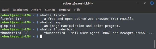 Der Befehl whatis zeigt euch grob an, was ein bestimmtes Programm ist oder tut
