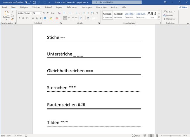 Mit diesen Zeichen könnt ihr eine Linie in Word einfügen. (Bildquelle: GIGA)