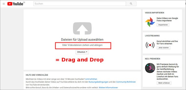 Beispiel: Auf YouTube könnt ihr Videos per „Drag and Drop“ hochladen.