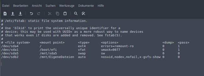 Eine Beispiel-fstab-Datei. (Bildquelle: GIGA)