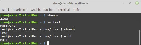 Wir loggen uns per Terminal in das Benutzerkonto „test“ und loggen uns wieder aus.