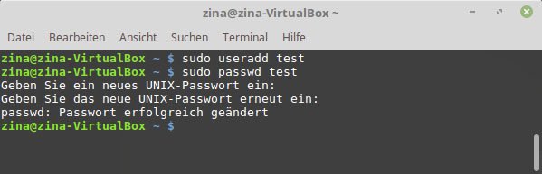 Wir haben den Benutzer „test“ erstellt und für ihn ein Passwort festgelegt.