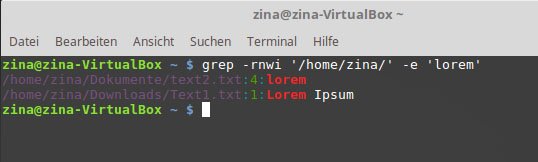 Der Befehl sucht im Home-Verzeichnis und Unterordnern des Nutzers „zina“nach Dateien, die den Text „lorem“ enthalten. (Bildquelle: GIGA)