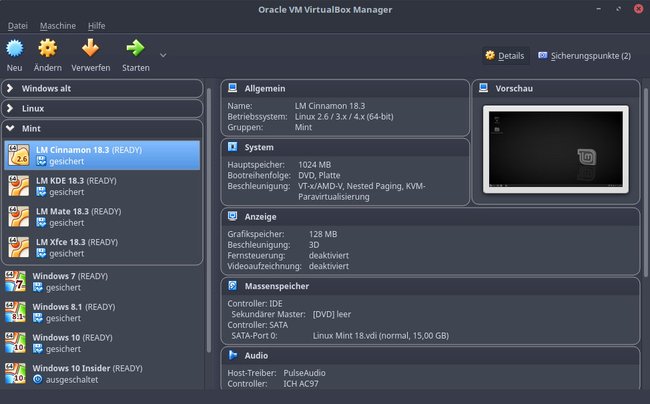 In Virtualbox lassen sich allerlei Arten von Betriebssystemen installieren.