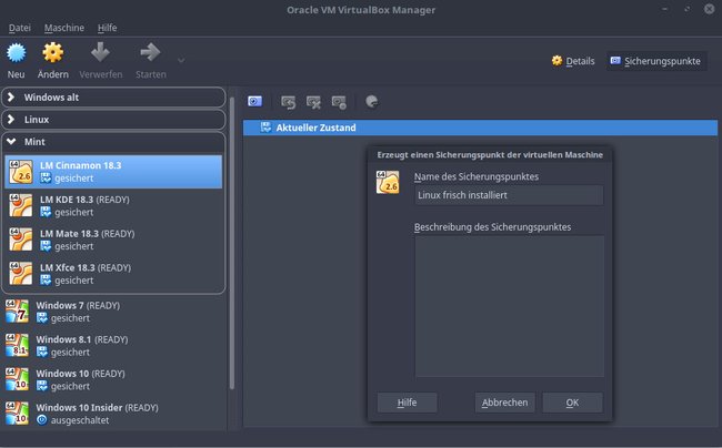 Erstellt hier einen Sicherungspunkt für eure virtuelle Maschine.