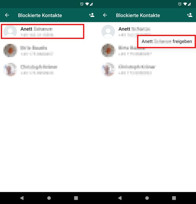 Wenn ihr länger auf einen blockierten Kontakt tippt, könnt ihr ihn wieder freigeben. Bild: GIGA