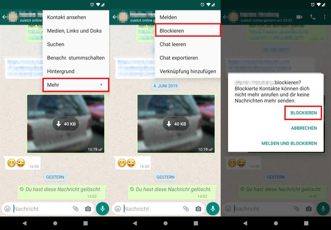 So blockiert ihr einen Kontakt direkt im Chat. Bild: GIGA