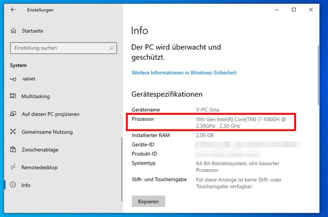 Hier zeigt euch Windows 10 euren Prozessor an. Bildquelle: GIGA