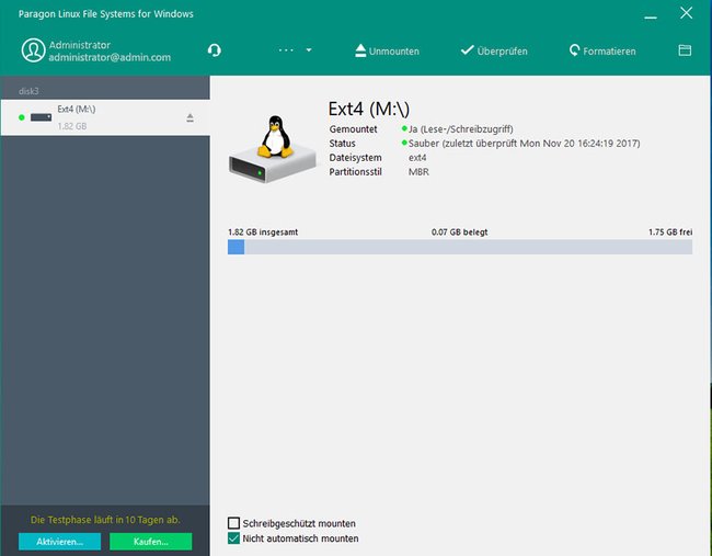 Das Tool liest und schreibt ext4, ext3 und ext2 unter Windows. Bildquelle: Paragon Software