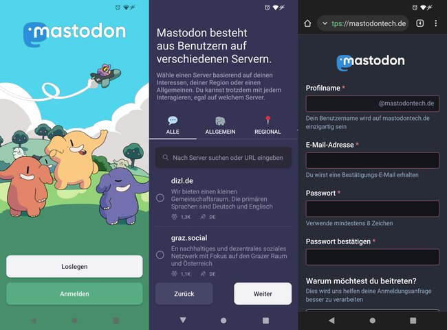 In der Mastodon-App wählt man einen Server aus und kann sich dann ein Konto erstellen und anmelden. (Bildquelle: GIGA)