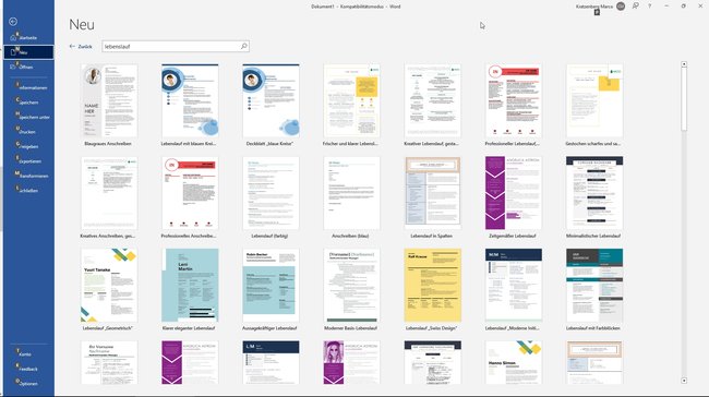 Screenshot des Suchfensters in Word: Auflistung vieler Vorlagen für den Lebenslauf