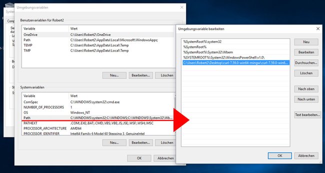 Hier fügt ihr rechts den Pfad ein, in dem die curl.exe liegt.