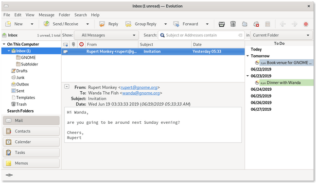 Evolution ist ein guter funktionaler E-Mail-Client. (Bildquelle: wiki.gnome.org/Apps/Evolution/Screenshots)