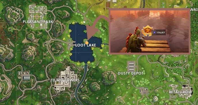 landet im sudosten der insel inmitten des loot lakes hier findet ihr einen steg am ende von ihm taucht der battle stern auf sind zu viele gegner um euch - fortnite woche 8 battle pass stern