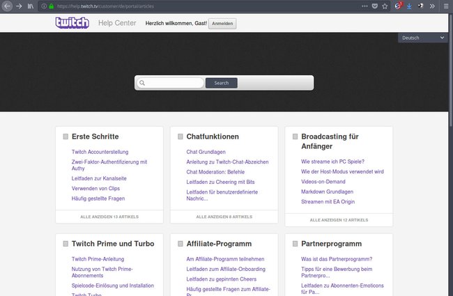 Auf den ersten Blick nicht sehr hilfreich: die Twitch-Support-Webseite.