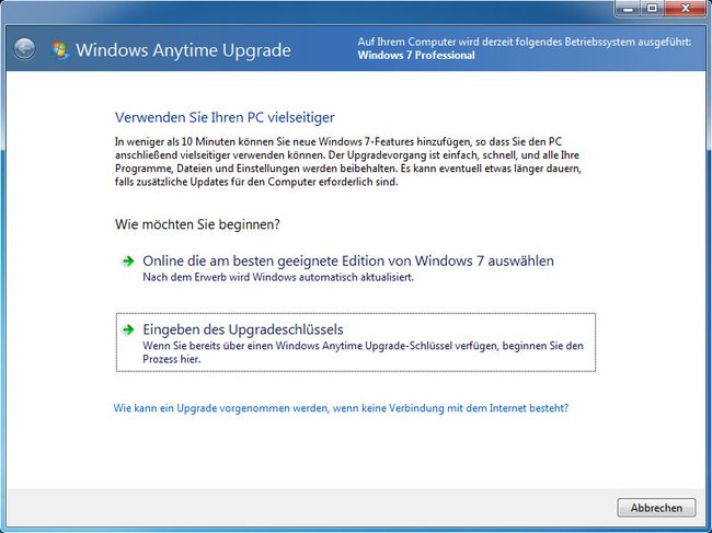 Mit dem Anytime Upgrade lässt sich WIndows 7 einfach auf eine andere Version „umschalten“.