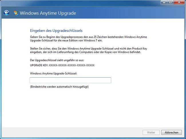 Gebt hier den Product-Key für die neue Windows-Version ein.