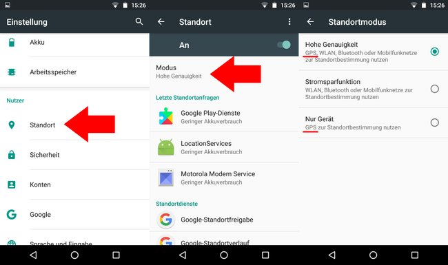 In den Standort-Einstellungen könnt ihr konfigurieren, ob GPS allein oder auch andere Ortungstechniken aktiviert sind.
