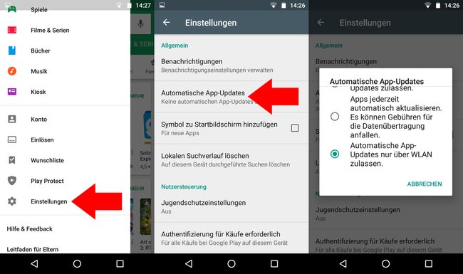 Über die Einstellungen im Play Store stellt ihr die App-Updates per WLAN ein.