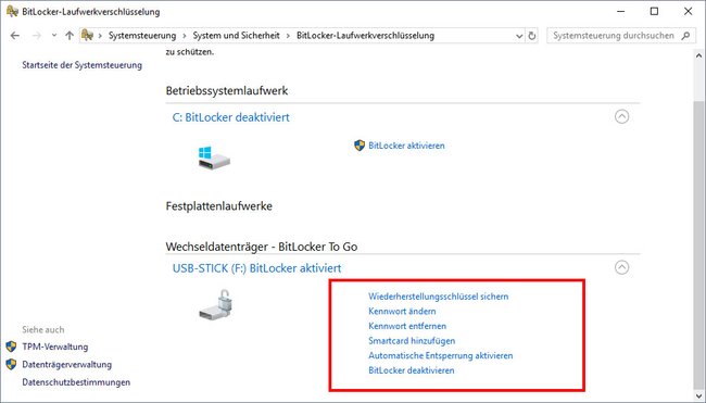 Nun könnt ihr hier weitere Optionen auswählen oder BitLocker wieder deaktivieren.