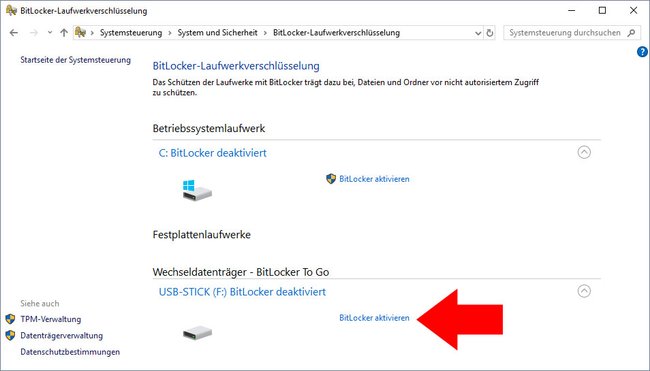 Hier aktiviert ihr „BitLocker To Go“ für den USB-Stick.